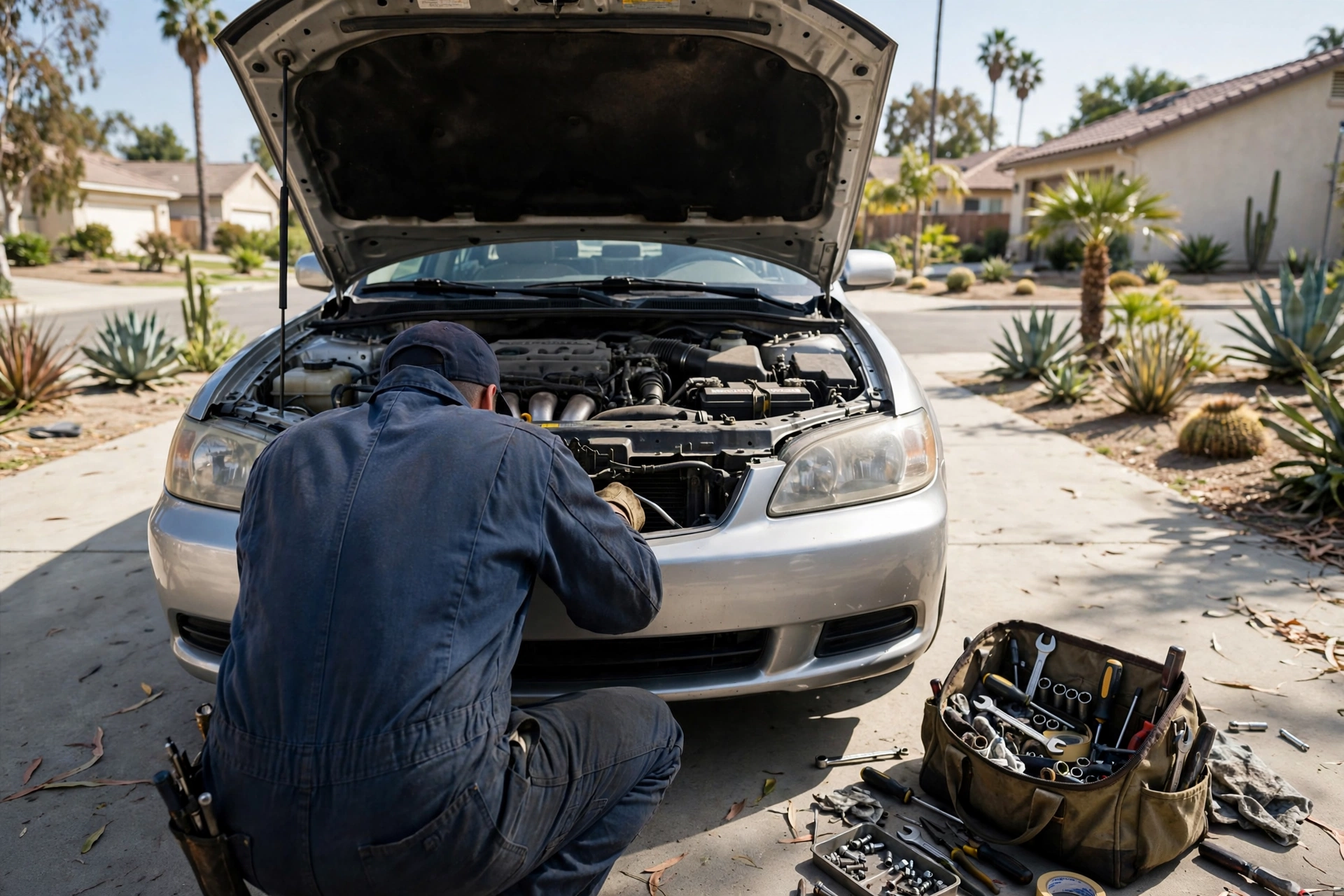 A mobile mechanic working under the open hood of a car in a sunny Southern California driveway